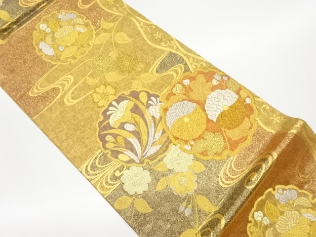 雪輪に草花・流水模様織出し袋帯